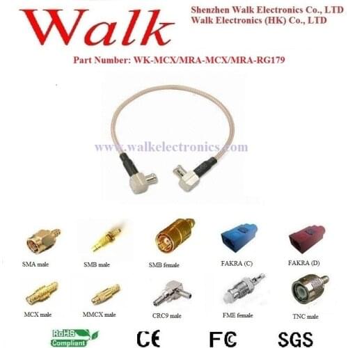 MCX RG179 jumper cable, RF cable assembly: MCX male right angle to MCX male right angle with RG179 cable, 75ohm
