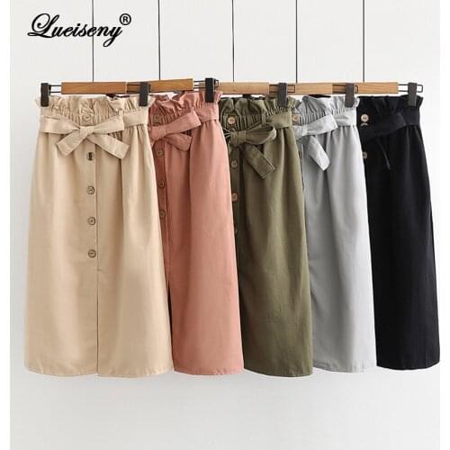 LUEISENY Summer Skirts Womens 2020 Midi Midi Knee Length Korean Elegant Button High Waist Skirt Female Pleated Skirt Faldas