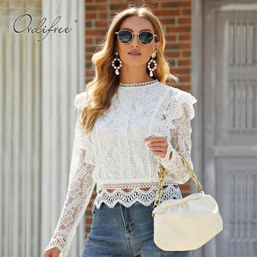 Unireal 2021 Summer Women White Lace Blouse Shirt Long Sleeve Vintage Cute Ruffle Blouse Sexy Tops