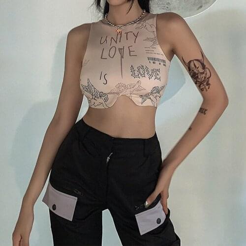 Women´s Summer Cropped Shirt Letters Printed Wrapped Elastic Casual Party Round Neck