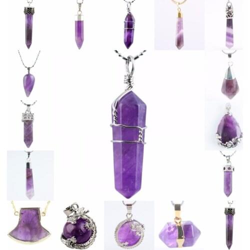 SUNYIK Natural Purple Crystal Healing Point Reiki Chakra Pendant Necklace (Free Chain)