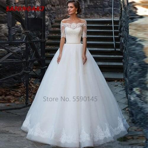 2020 Half Sleeve Ball Gown Off the Shoulder Wedding Dress Appliques Lace Pearls Belt Floor-Length Bridal Vestido De Novia India