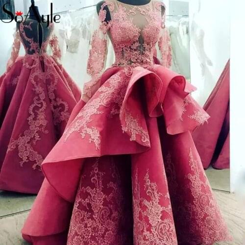 SoAyle Ball Gown Evening Dresses 2019 Prom Dresses for Women Lace Long Sleeves Robe De Soiree Abiye Gece Elbisesi Couture Dress