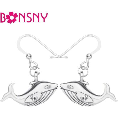 Bonsny Alloy Antique Sliver Plated Sea Whale Earrings Lovely Ocean Animal Dangle Drop Jewelry For Women Girls Kids Trendy Gift