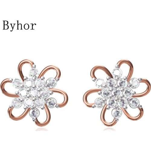 Byhor Solid 14K White/Yellow+White/Rose+White Gold 0.92ct H/SI Natural Diamonds Fine Jewelry Flower Stud Earrings Women Cерьги