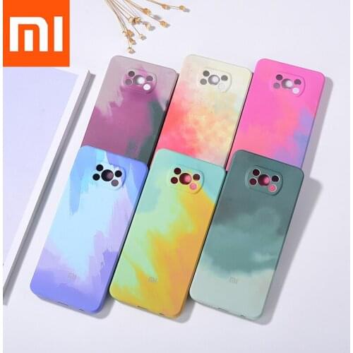 Watercolor Square Liquid Silicone Phone Case For Xiaomi Mi Poco X3 X3NFC Colorful 360° Full Protective Painted Gradient Cover