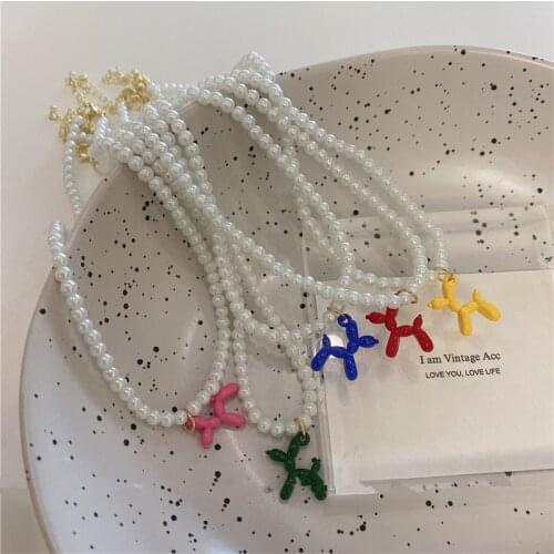 Color Alloy Poodle Balloon Dog Animal Pearl Necklace Balloon Puppy Dog Pendant Necklace for Women Girls Jewelry