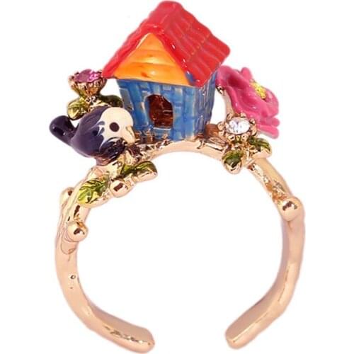 European and American Exquisite Opening Adjustable Ring Foreign Trade Wholesale Hand-painted Enamel Glaze Flower and Bird House