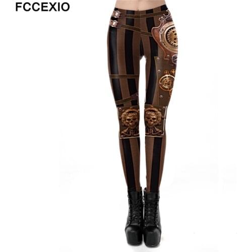 FCCEXIO Steampunk Series Leggings Fashion Retro Gear Machinery Print Sport Trousers Women Sports Pants Fitness Slim Leggings