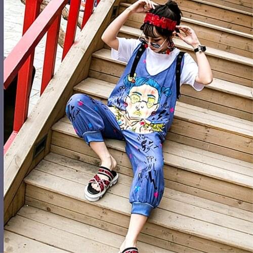 Summer Jumpsuits Women Overall Female V neck Harajuku Jumpsuits Loose Fashion Cartoon Printing Blue Ladies Jumpsuits CC061