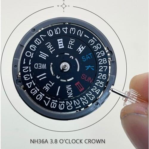 NH36 Mechanical Watch Movement Black Day/Date 3.8 Crown Original Japan Seiko Watch Mechanism 24 Jewels Watch Parts Replacements