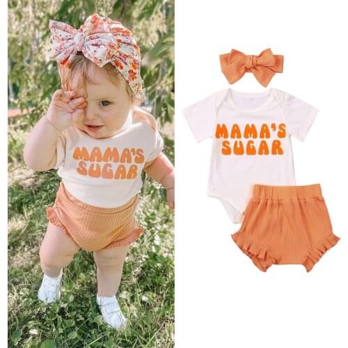 Lovely Baby Girls Clothes Sets 3pcs Letter Printed Short Sleeve Romper Shorts Bow Headband 0-18M