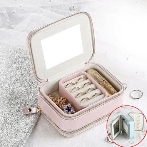 Fashion Travel PU Leather Jewelry Zipper Organizer Box Holder Show Case For Ring Earring Storage Display Cosmetic Bags