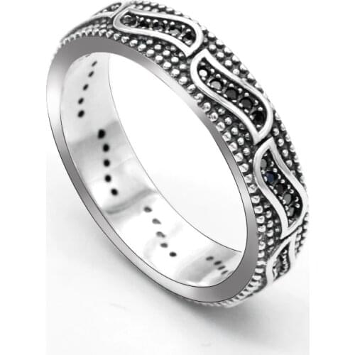 Vintage 925 Sterling Silver Men Ring with Black Cubic Zircon Unisex Couple Jewelry Rings Thai Silver Male Women Punk Hippop