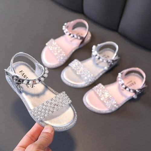 New 2021 Brand Girls' Sandals Crystal Shoes Summer Children Kids Girl Fashion Pearl Bling Bling Rhinestone Princess Sandals