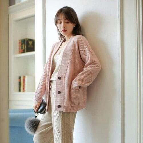 Autumn and Winter New 100% Pure Cashmere Cardigan Short V-Neck Sweater Coat Loose Thick Wool Sweater Women