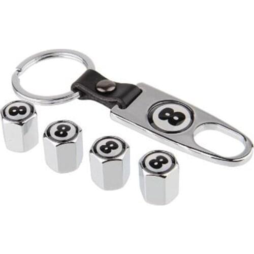 Sliver Car styling Black No.8 Logo Tire Valve Cap With Key Ring Wrench Emblem For Number 8 Cars 8pcs = 2 set