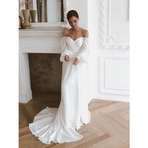 Off Shoulder Ruched Chiffon Long Sleeves Wedding Bride Gowns Custom Made 2021 Plus Size A Line Buttons Bridesmaid Bridal Dresses