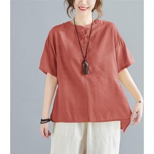 Women Summer Casual T-shirts New Arrival 2021 Simple Style Vintage Stand Collar Solid Color Loose Female Cotton Tops Tees S3650