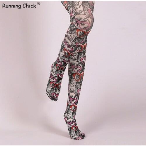 RUNNING CHICK Owl With Glass Printed Women Pantyhose Wholesales