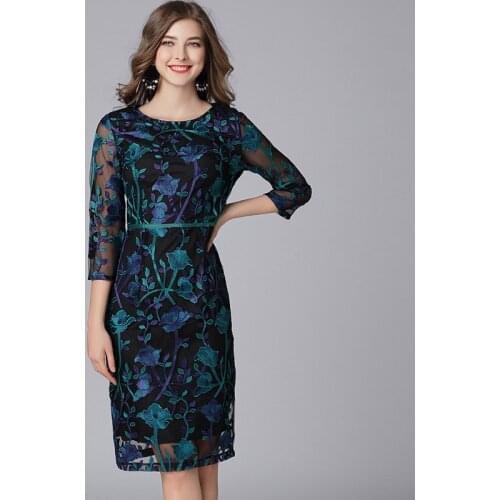 2020 Spring Summer Women 3/4 Sleeve High Waisted Embroidery Mesh Dress , Woman Clothes 4xl 5xl Stretched Placket Dresses