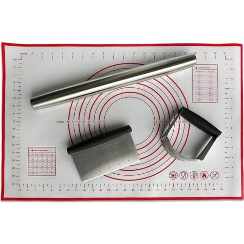 16 Inch Stainless Steel French Rolling Pin,Silicone Baking Mat with Measurements,Dough Blender&Scraper for Baking Needs