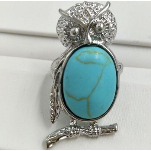 Free Shipping Beautiful jewelry Blue Howlite Women Men Art Owl Bead Ring 7~12" Adjust Size PC5630