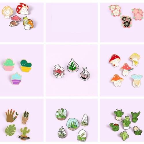 2-6PCS/Set Plant Brooches for Women Men Cactus Mushroom Flowers Enamel Pin Bag Lapel Pin Cute Metal Badge Jewelry Gift Wholesale