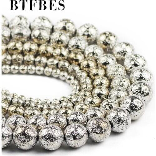 BTFBES Natural Stone Beads Platinum&Gold Rock Volcanic Lava Round Bead For Jewelry Making DIY Bracelet Earring 15''4/6/8/10/12mm