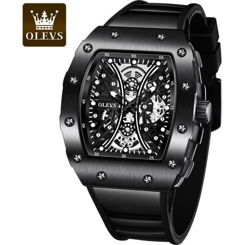 Top Brand Luxury OLEVS Mens Sports Watches Rubber Strap Square Skeleton Watch Casual Original Quartz Watch Men Waterproof Clock