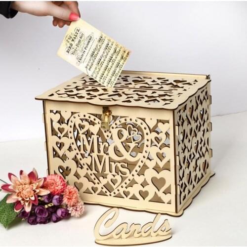 DIY Wooden Wedding Supplies Gift Card Box With Lock Beautiful Mr Mrs Heart Hollow Wedding Decoration Supplies For Birthday Party
