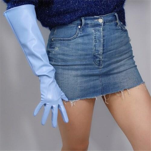 Long Leather Gloves 50cm Artificial Leather Imitation Leather Light Blue Sky Blue Large Sleeves Puff Sleeve Women PUQLD-5