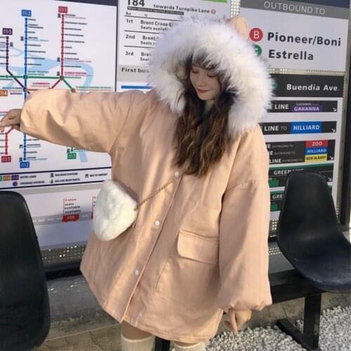 Korean students loose mid-length cute fur collar hooded thick cotton coat cotton jacket female winter 2020new