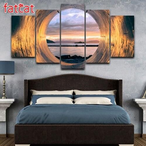 FATCAT 5 Panel Tube Sunset Ocean View Diy Diamond Painting Full Square Round Drill Diamond Embroidery Sale Home Decor AE938