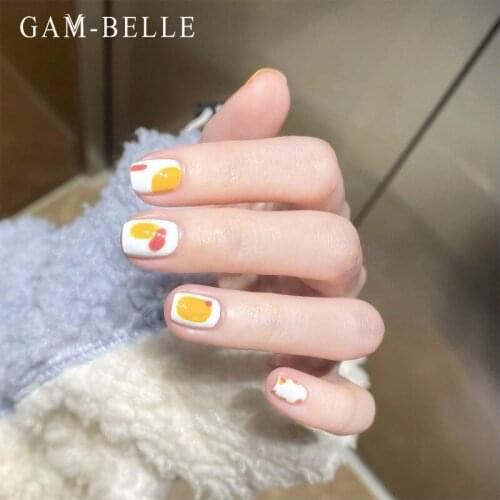 GAM-BELLE 24Pcs Cute Yellow Graffiti Press on False with Designs Full Cover Artificial Short Press On Nails DIY Manicure Tools