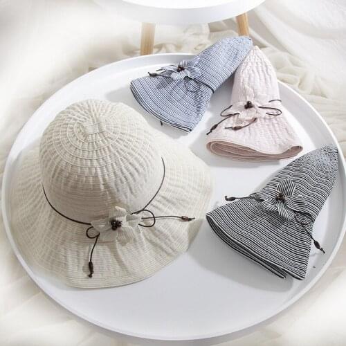 H7639 Spring Summer Bucket Hat Women Wide Eave Striped Sunshade Sunscreen Fisherman Cap Seaside Beach Tourism Folding Cloth Hats