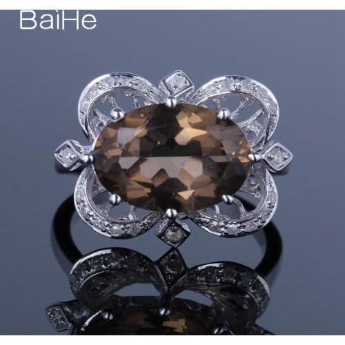 BAIHE Solid 10K White Gold 4.2ct Oval SMOKEY QUARTZ TOPAZ Ring for Women Trendy Gift sweet Ring кольца кольцо real Gold