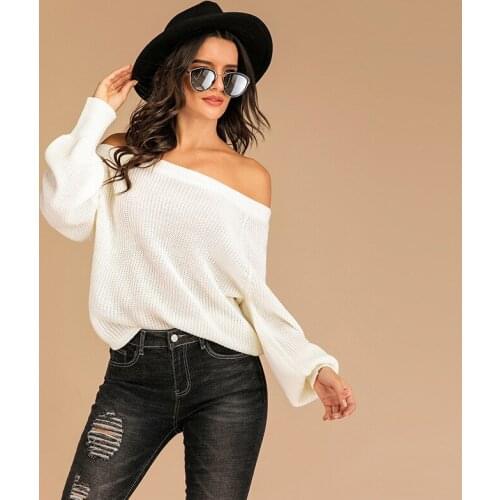Large Size Short One-line Neck Long-sleeved Sweater Women Autumn and Winter Sexy Loose Solid Color T-shirt Women Clothes