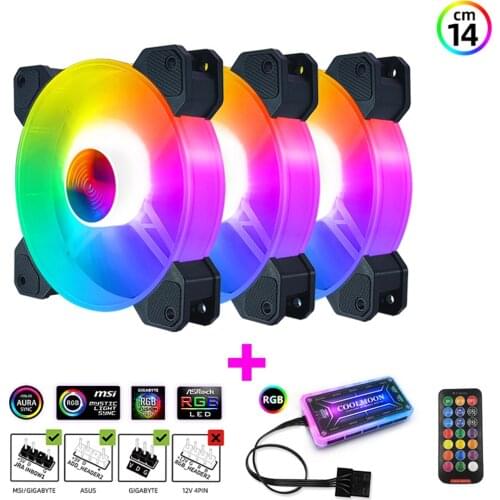 14CM Coolmoon RGB Fan 140mm 5V Rainbow Colorful Chassis Fan 39.5CFM Small 6PIN Remote Hub 140*140 Water Cooler Custom For Mod