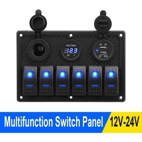 6 Gang Rocker Switch Panel 12/24V Dual USB Slot Socket Digital Voltmeter Voltage Display for Marine Car Rv Vehicles Truck Yacht