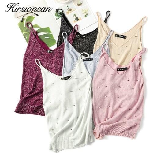 Hirsionsan Lurex Women Tank Top 2019 Spring Summer Sexy V-neck Pearls Beaded Camis Shinning Club Camisole Sleeveless Shirt Tops