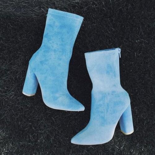 Moraima Snc Sexy Pointed Toe Woman Boots Sky Blue Stretch Fabric Thick Heels Ankle Boots Super High Runway High Heel Boots