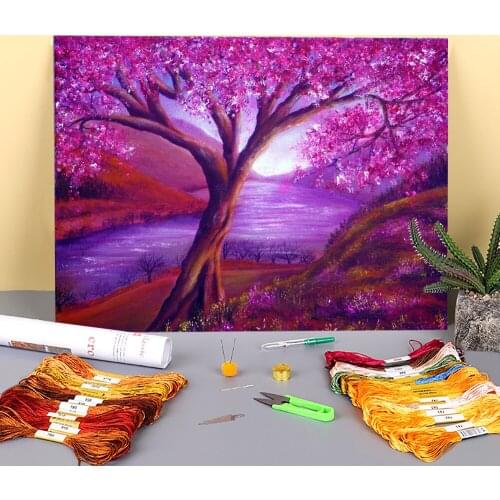 Natural Scenery Bloom Printed Fabric 11CT Cross-Stitch Embroidery Kit DMC Threads Painting Handicraft Handiwork Sewing Mulina