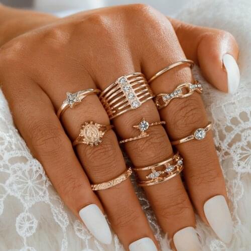 Tocona 9pcs/sets Virgin Mary Ring Sets for Women Exquisitre Star Shiny Crystal Stone Geometric Ring Jewelry Wholesale 15128