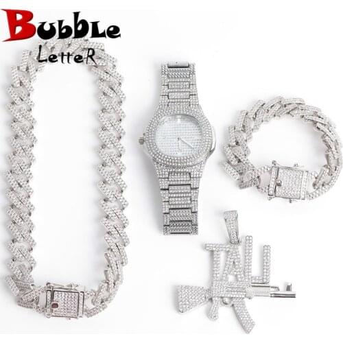 Bubble Letter Brass CZ Stones White Gold Plated Hip Hop Jewelry Set (Necklace+Bracelet+Watch+Pendant)