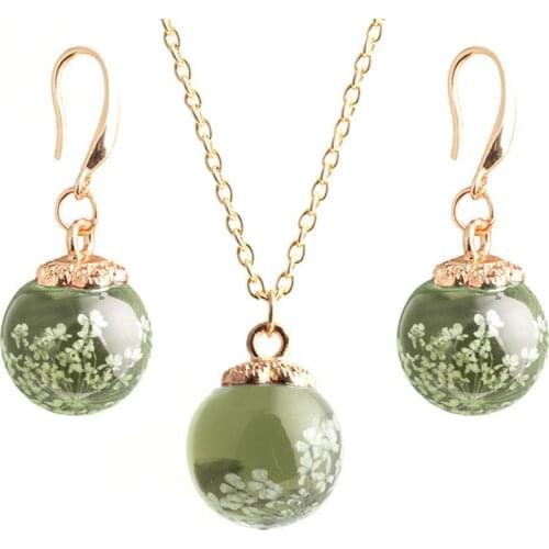 2019 Fashion Dried Flower Glass Ball Pendant Necklace dangle Earrings set for Women Jewelry Set