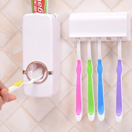 1 Set Tooth Brush Holder Automatic Toothpaste Dispenser + 5 Toothbrush Holder Toothbrush Wall Mount Stand Bathroom Tools