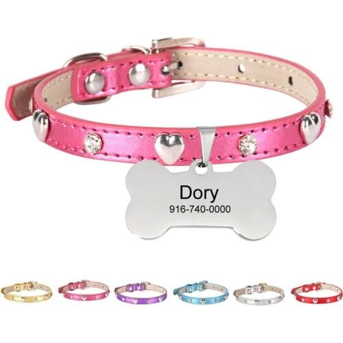 Personalized Cat Collar with Name and Telephone Number Engraved Heart Shaped Kitten Puppy Collar with Rhinestone Buckle