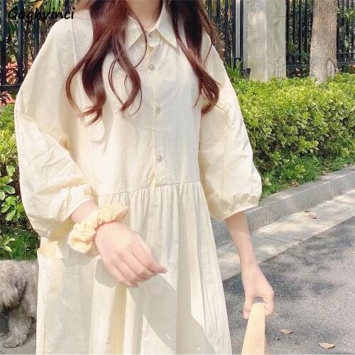 Baggy Dresses Women Solid Japanese Style Students Yellow Turn-down Collar Pockets Trendy All-match Long Sleeve Drawstring Daily