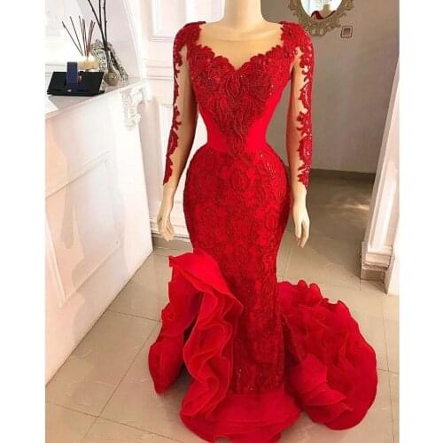 Full Sleeves Luxury Beaded Long Evening Gowns Ruffles Bottoms Vestidos De Fiesta Demure Red Mermaid Evening Dresses 2021